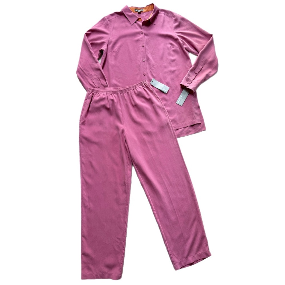 NEW GO Silk Charmeuse Watermelon Pink Button‎ Front Shirt & Pants Set M